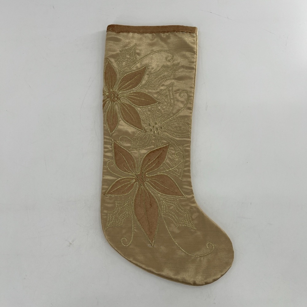 Santas Best Christmas Eve Stocking Gold Metallic Velvet Poinsettia Embroider 21"